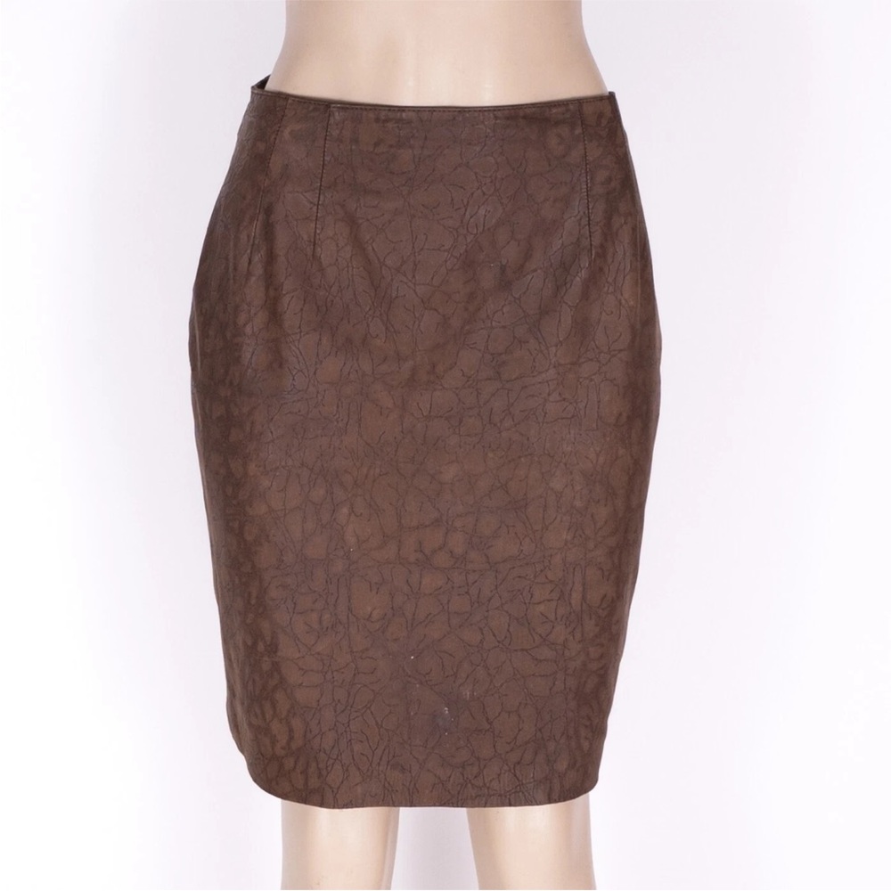 Vintage Brown Leather Mini Skirt by Bagatelle Crackle Print Lined Size 10